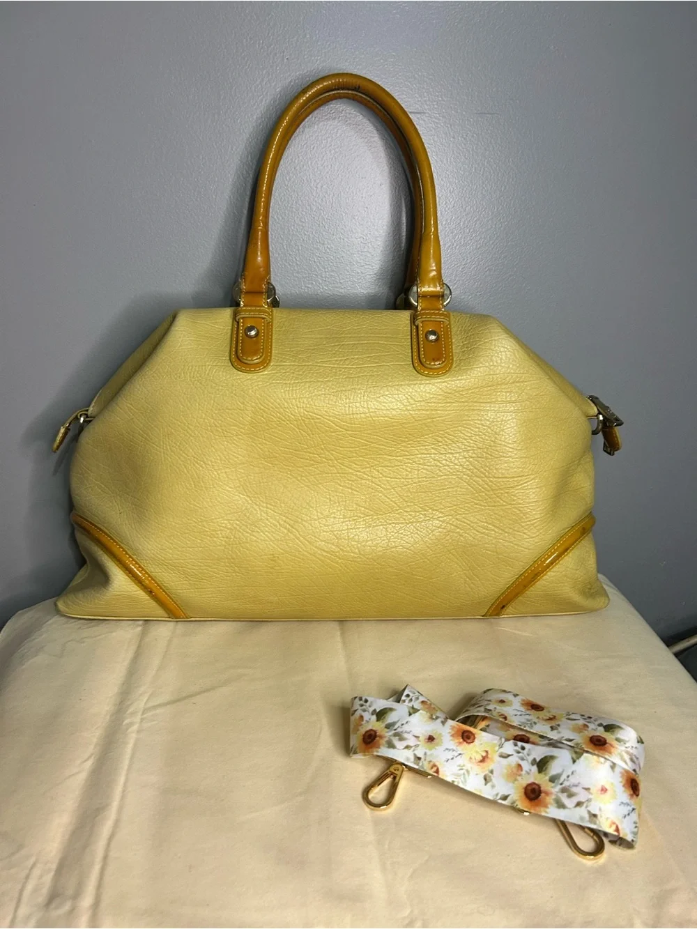Louis Quatorze Satchel Square Grain Leather Designer Bag Pale Yellow Top Handle